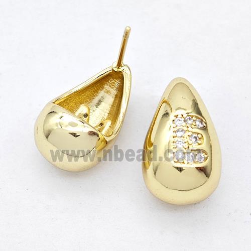 Copper Teardrop Stud Earring Pave Zirconia Letter-E Gold Plated