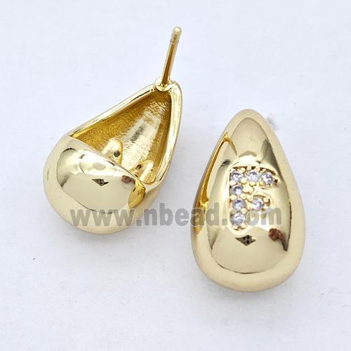 Copper Teardrop Stud Earring Pave Zirconia Letter-F Gold Plated