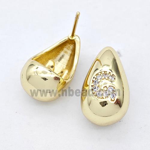 Copper Teardrop Stud Earring Pave Zirconia Letter-G Gold Plated