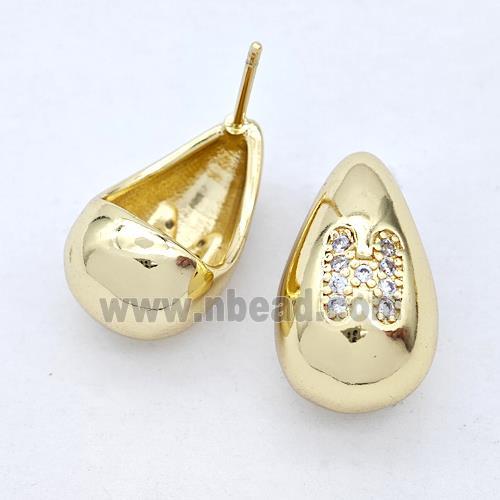 Copper Teardrop Stud Earring Pave Zirconia Letter-H Gold Plated