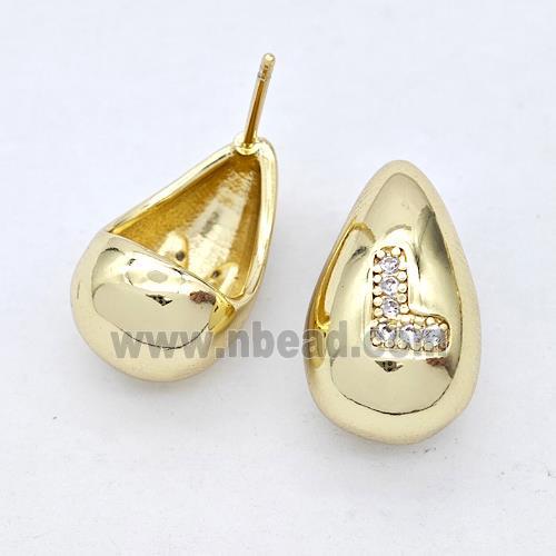 Copper Teardrop Stud Earring Pave Zirconia Letter-L Gold Plated