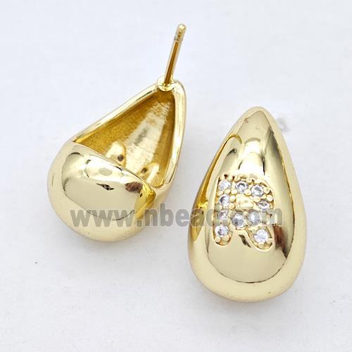 Copper Teardrop Stud Earring Pave Zirconia Letter-R Gold Plated