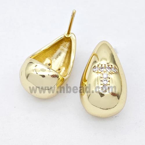 Copper Teardrop Stud Earring Pave Zirconia Letter-T Gold Plated