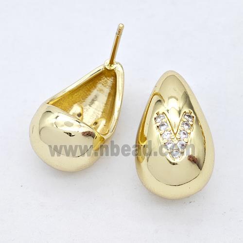 Copper Teardrop Stud Earring Pave Zirconia Letter-V Gold Plated