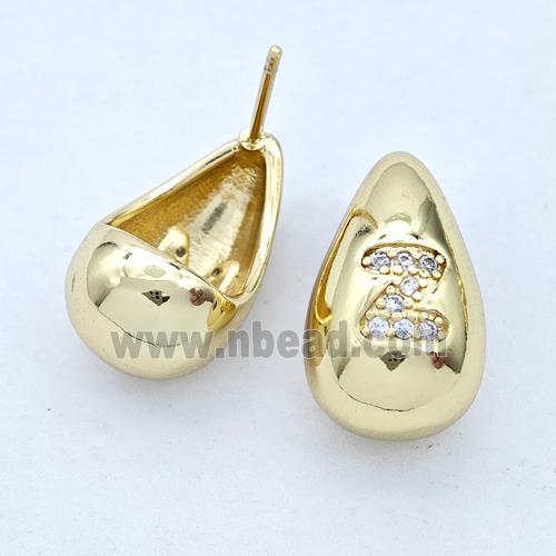 Copper Teardrop Stud Earring Pave Zirconia Letter-Z Gold Plated