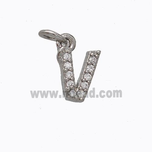 Copper Pendant Pave Zirconia Letter-V Platinum Plated