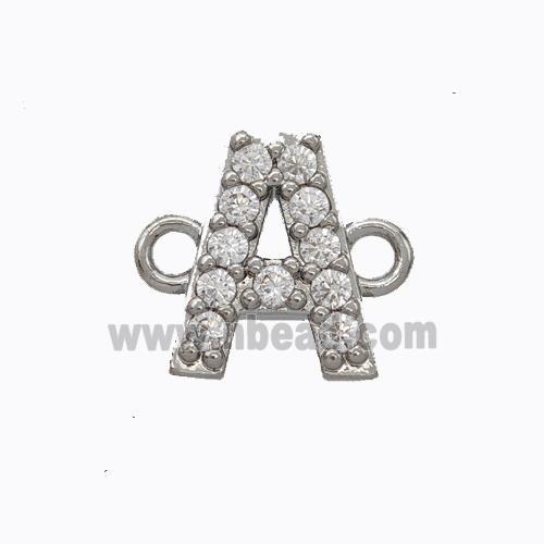 Copper Connector Pave Zirconia Letter-A Platinum Plated