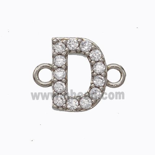 Copper Connector Pave Zirconia Letter-D Platinum Plated