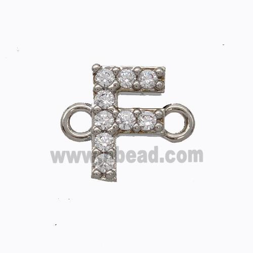 Copper Connector Pave Zirconia Letter-F Platinum Plated