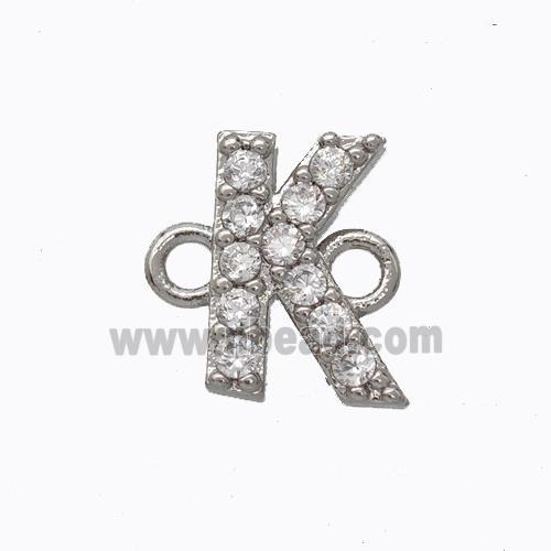 Copper Connector Pave Zirconia Letter-K Platinum Plated