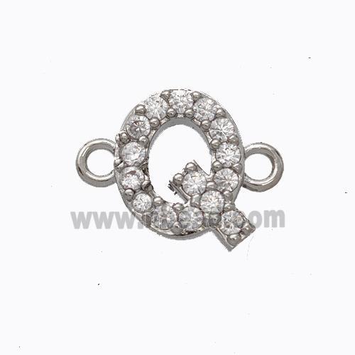 Copper Connector Pave Zirconia Letter-Q Platinum Plated