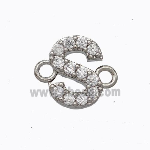 Copper Connector Pave Zirconia Letter-S Platinum Plated