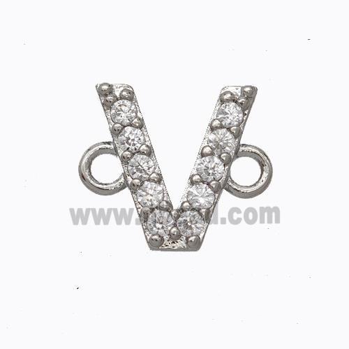 Copper Connector Pave Zirconia Letter-V Platinum Plated