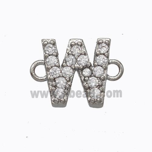 Copper Connector Pave Zirconia Letter-W Platinum Plated