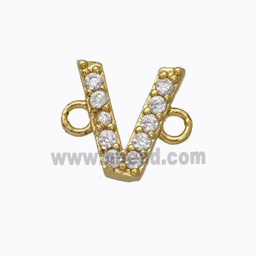 Copper Connector Pave Zirconia Letter-V Gold Plated