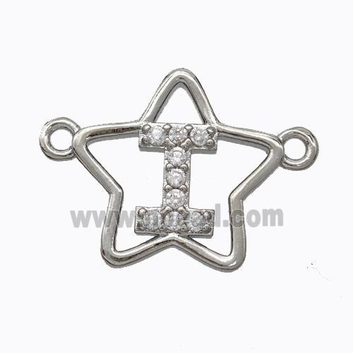 Copper Star Pendant Pave Zirconia Letter-I Platinum Plated