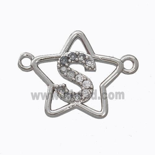 Copper Star Pendant Pave Zirconia Letter-S Platinum Plated