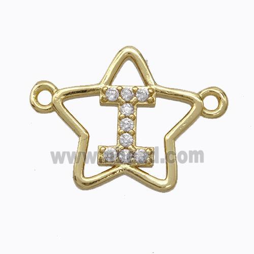 Copper Star Pendant Pave Zirconia Letter-I Gold Plated