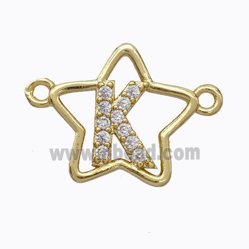 Copper Star Pendant Pave Zirconia Letter-K Gold Plated