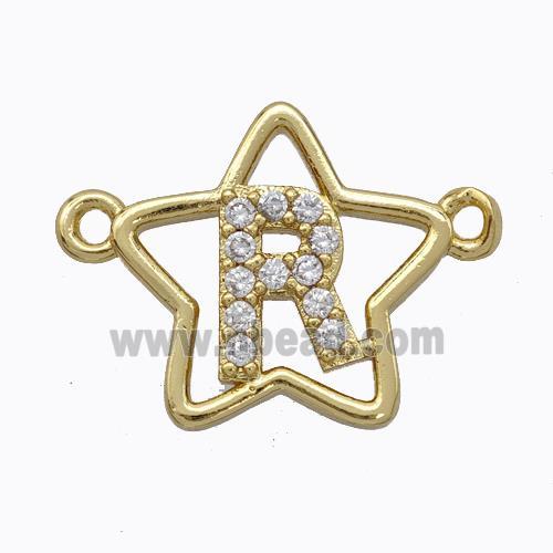 Copper Star Pendant Pave Zirconia Letter-R Gold Plated