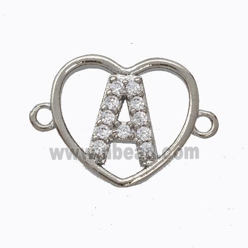 Copper Heart Connector Pave Zirconia Letter-A Platinum Plated