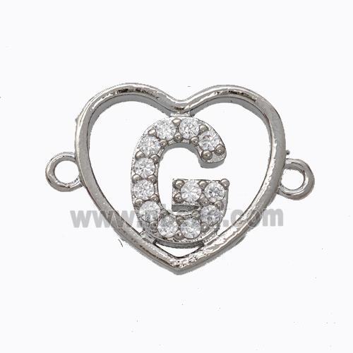 Copper Heart Connector Pave Zirconia Letter-G Platinum Plated