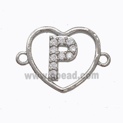 Copper Heart Connector Pave Zirconia Letter-P Platinum Plated