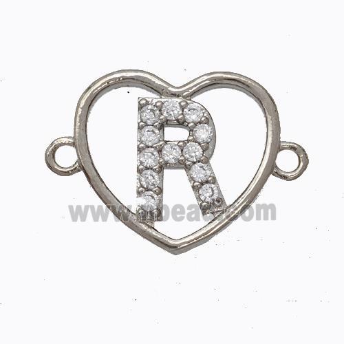 Copper Heart Connector Pave Zirconia Letter-R Platinum Plated