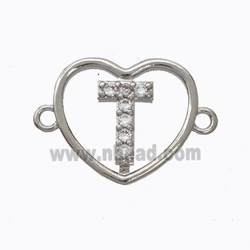 Copper Heart Connector Pave Zirconia Letter-T Platinum Plated