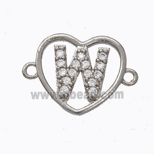 Copper Heart Connector Pave Zirconia Letter-W Platinum Plated