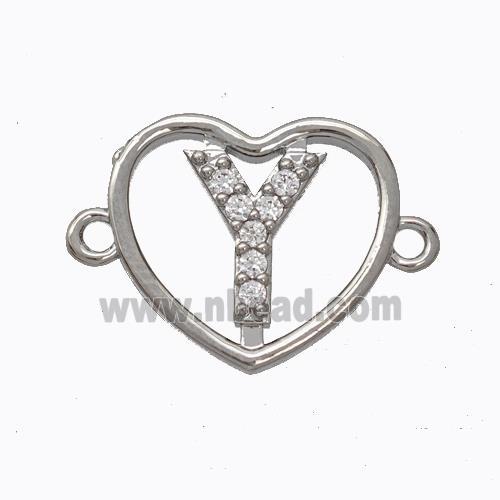 Copper Heart Connector Pave Zirconia Letter-Y Platinum Plated