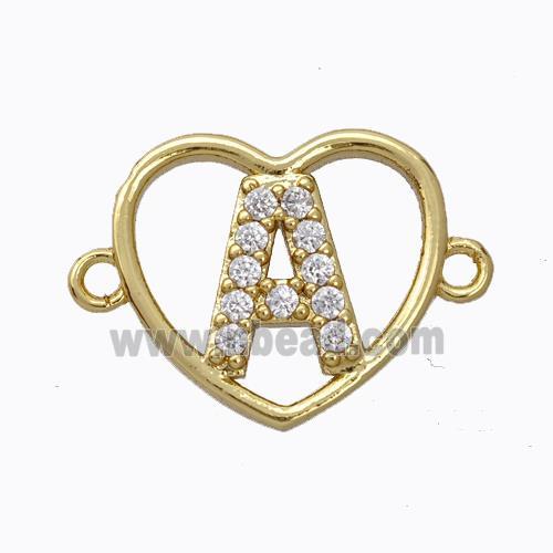 Copper Heart Connector Pave Zirconia Letter-A Gold Plated