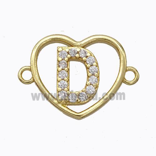 Copper Heart Connector Pave Zirconia Letter-D Gold Plated