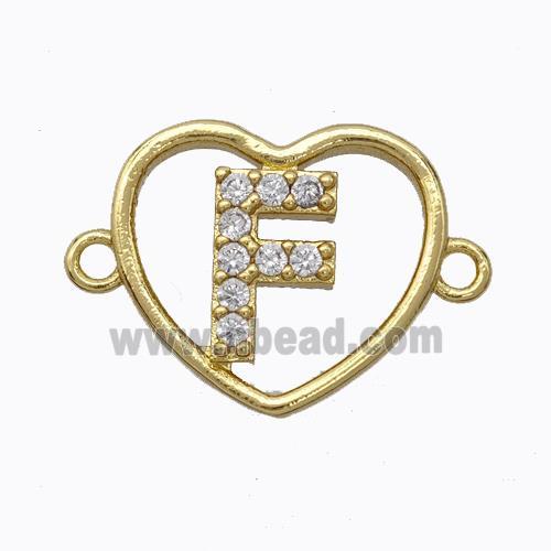 Copper Heart Connector Pave Zirconia Letter-F Gold Plated