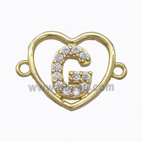 Copper Heart Connector Pave Zirconia Letter-G Gold Plated