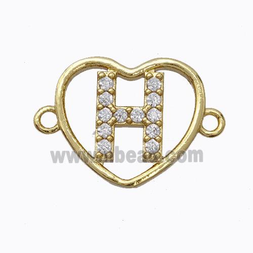 Copper Heart Connector Pave Zirconia Letter-H Gold Plated