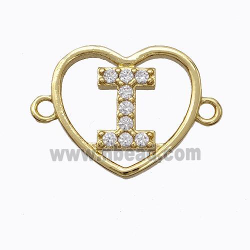 Copper Heart Connector Pave Zirconia Letter-I Gold Plated