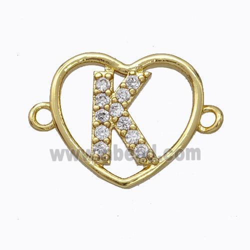 Copper Heart Connector Pave Zirconia Letter-K Gold Plated