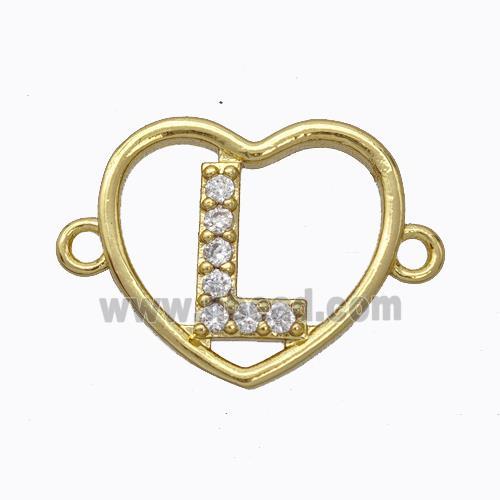 Copper Heart Connector Pave Zirconia Letter-L Gold Plated