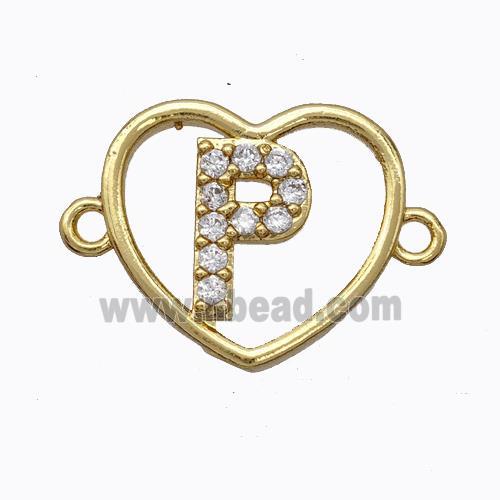 Copper Heart Connector Pave Zirconia Letter-P Gold Plated