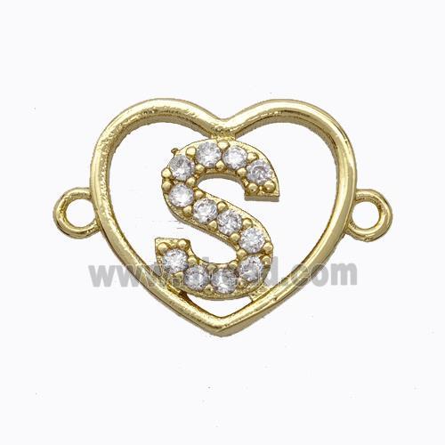 Copper Heart Connector Pave Zirconia Letter-S Gold Plated