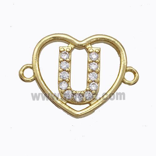 Copper Heart Connector Pave Zirconia Letter-U Gold Plated