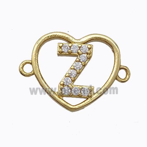 Copper Heart Connector Pave Zirconia Letter-Z Gold Plated