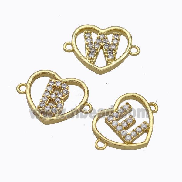 Copper Heart Alphabet Connector Pave Zirconia Mix Letters Gold Plated