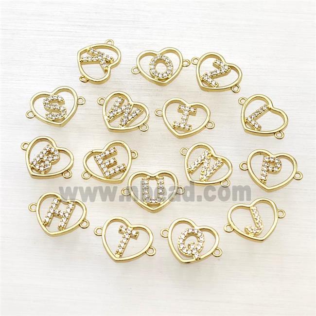 Copper Heart Alphabet Connector Pave Zirconia Mix Letters Gold Plated