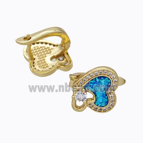 Copper Heart Latchback Earrings Pave Zirconia Blue Fire Opal 18K Gold Plated