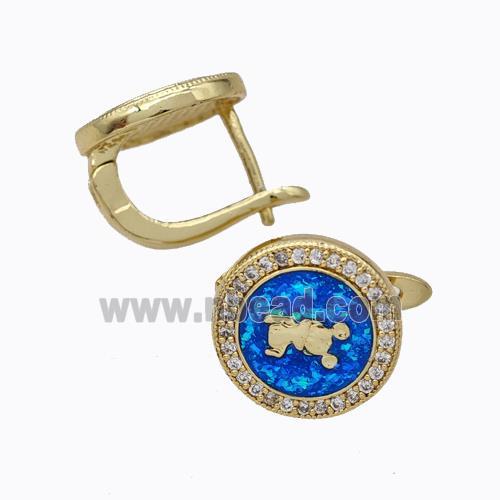 Copper Circle Latchback Earrings Pave Zirconia Blue Fire Opal 18K Gold Plated