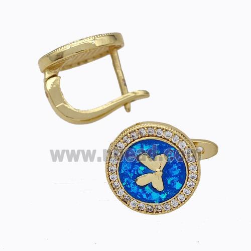 Copper Circle Latchback Earrings Pave Zirconia Blue Fire Opal Bow 18K Gold Plated