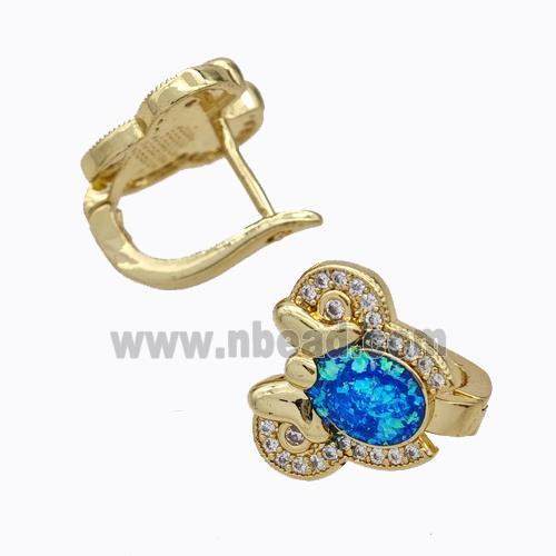 Copper Elephant Latchback Earrings Pave Zirconia Blue Fire Opal 18K Gold Plated