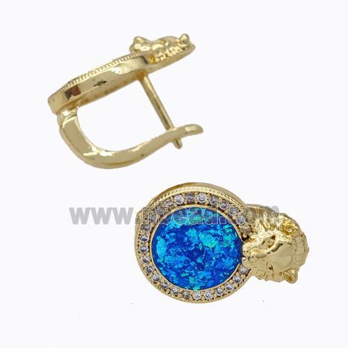 Copper Circle Latchback Earrings Pave Zirconia Blue Fire Opal Lion 18K Gold Plated